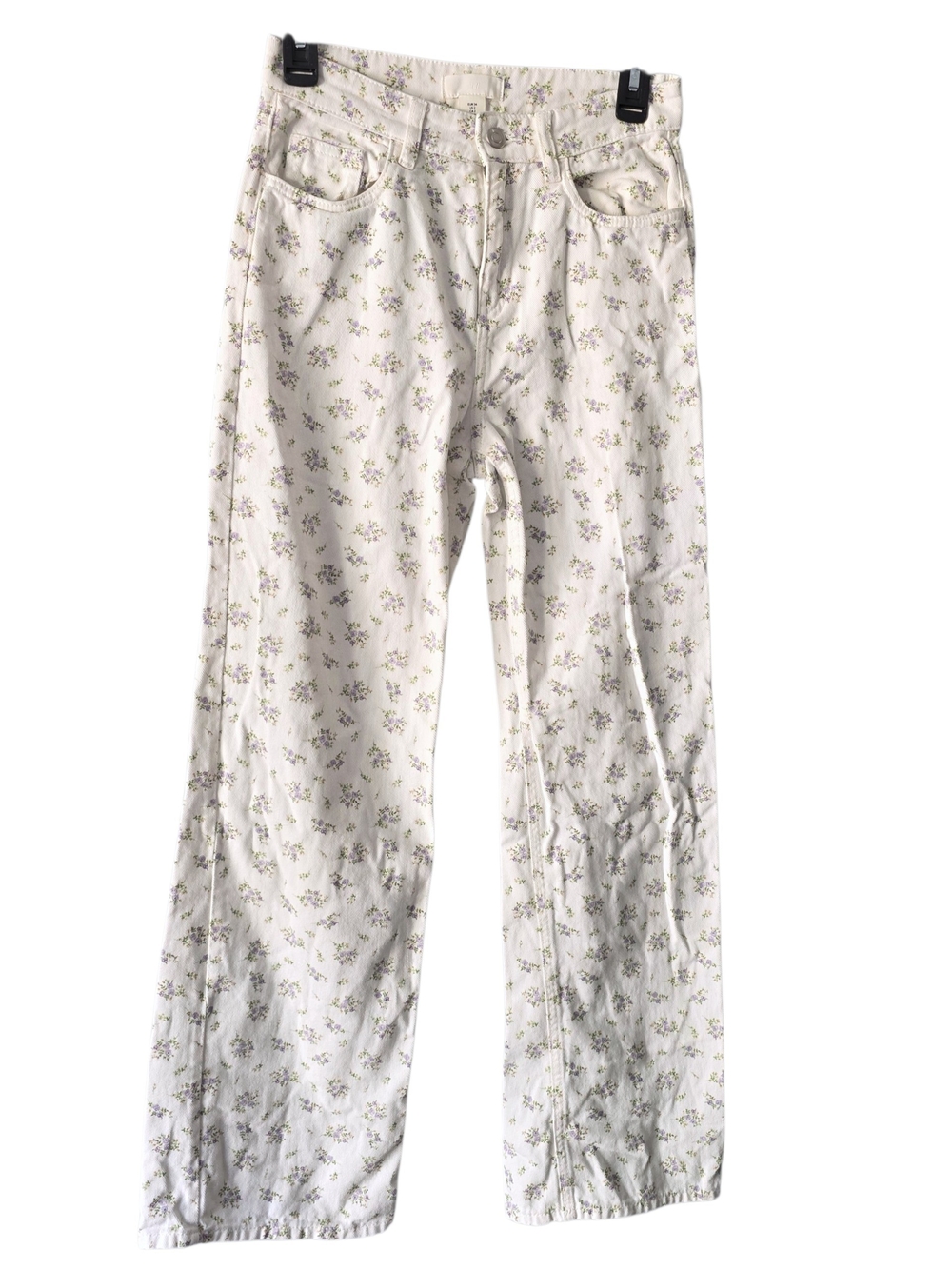 H&M White Floral Twill Denim Jeans Pants Purple Lavender Pattern Size 2